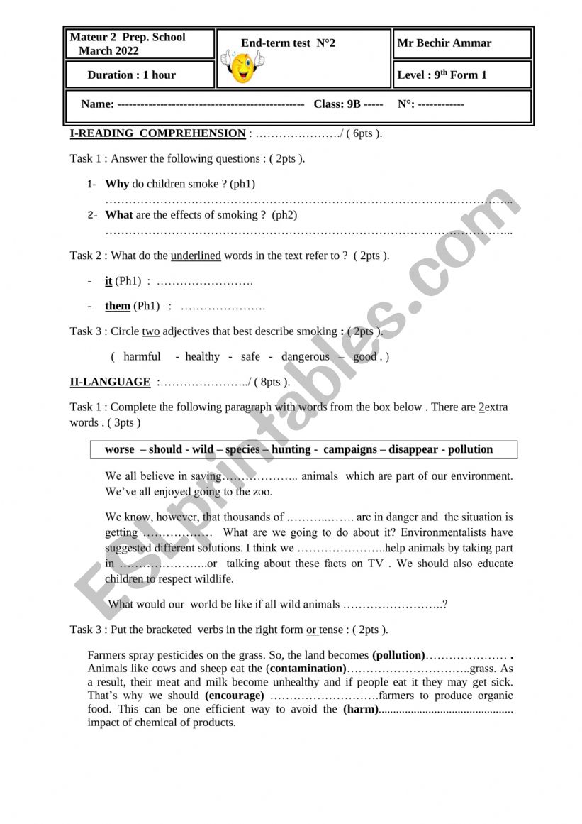 End term test2 9th form worksheet