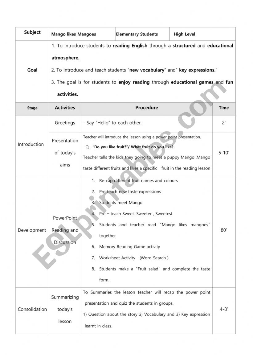 Mango Likes Mangoes Lesson plan 