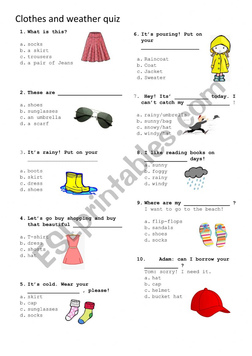 Clothes and weather quiz worksheet