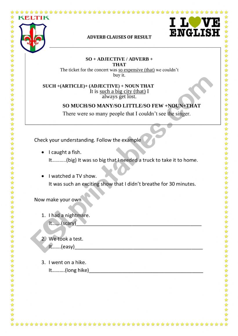 clauses of result worksheet