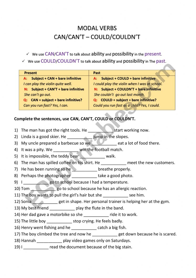 Can and Could worksheet