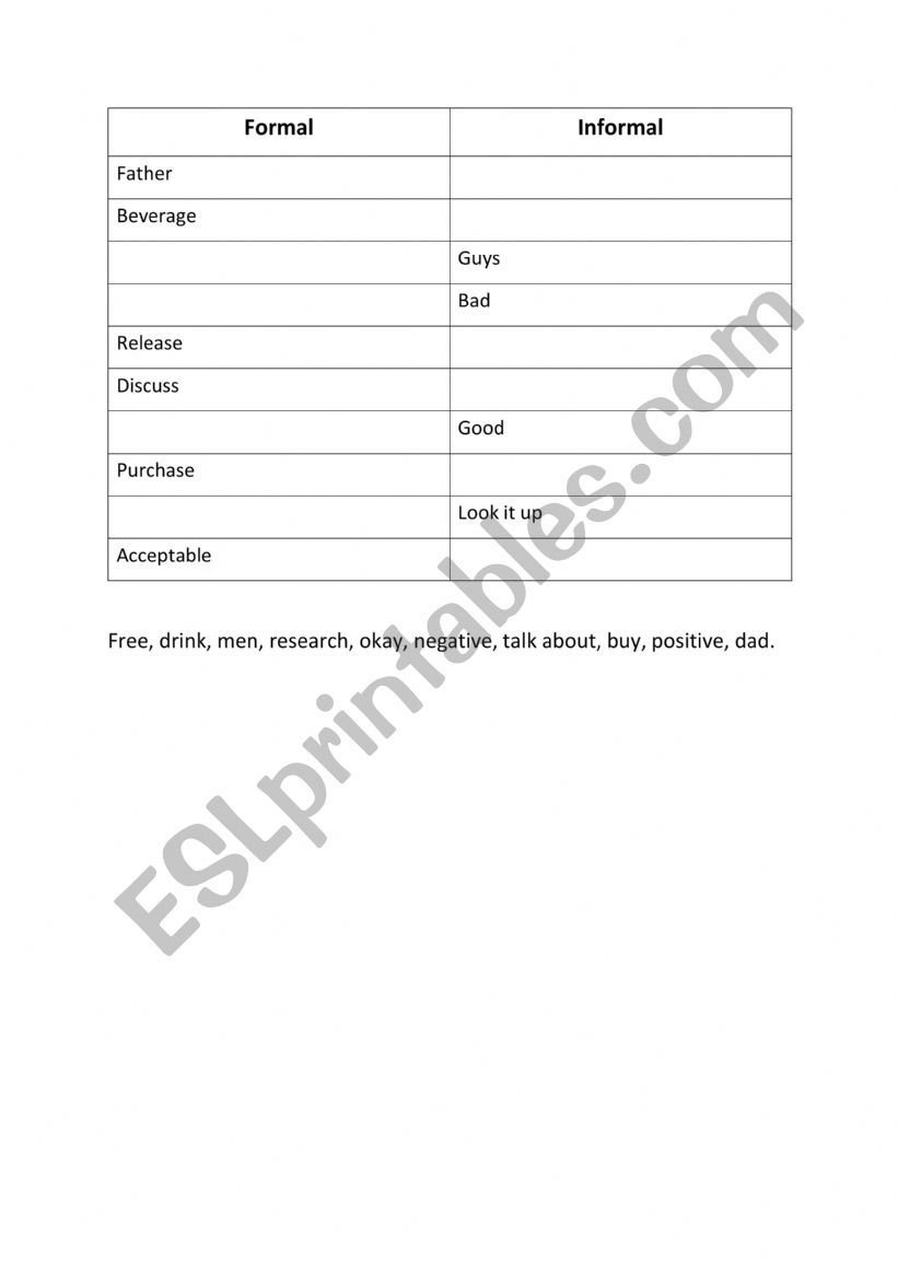Formal vs Informal words fillout - ESL worksheet by TBygstad
