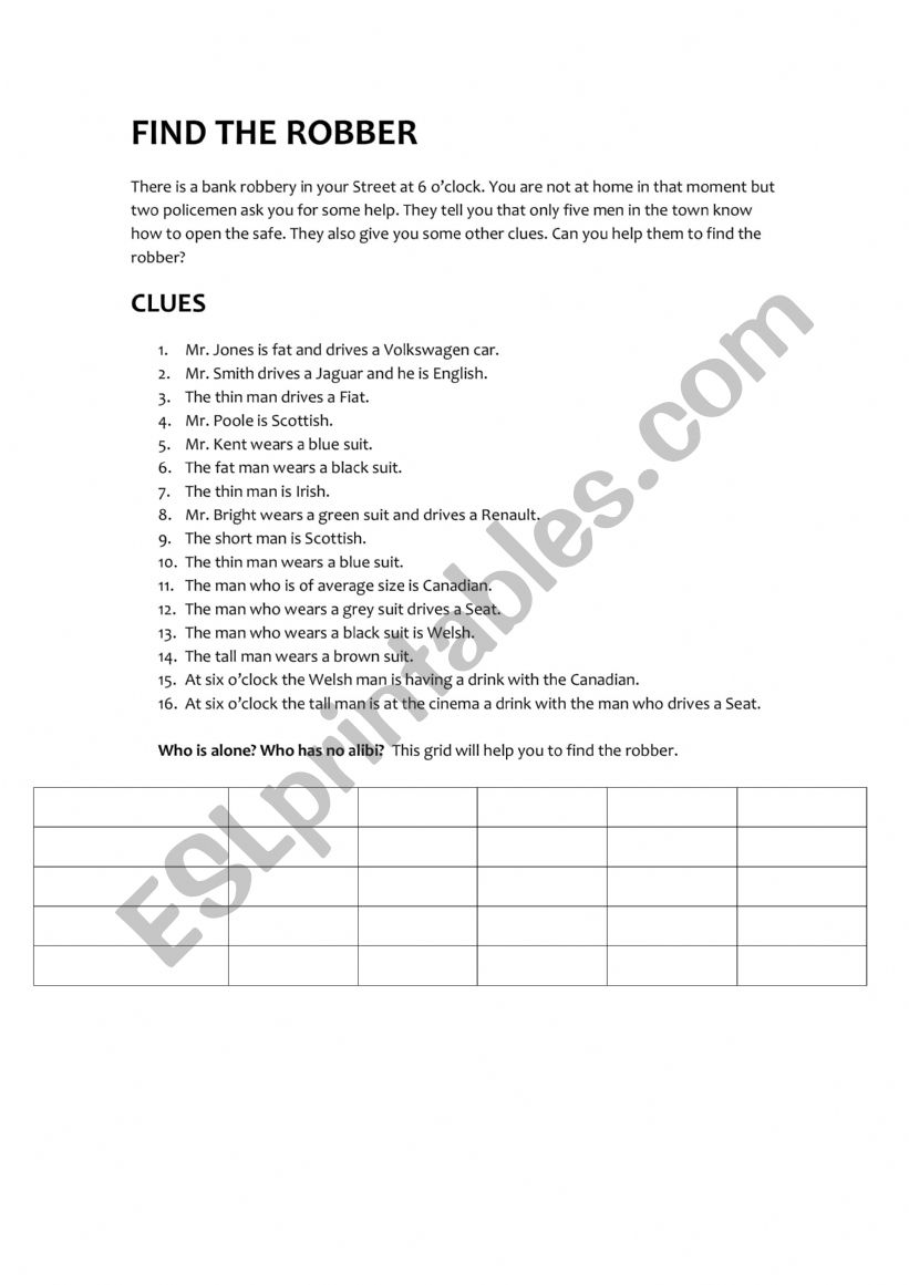 Find the robber worksheet