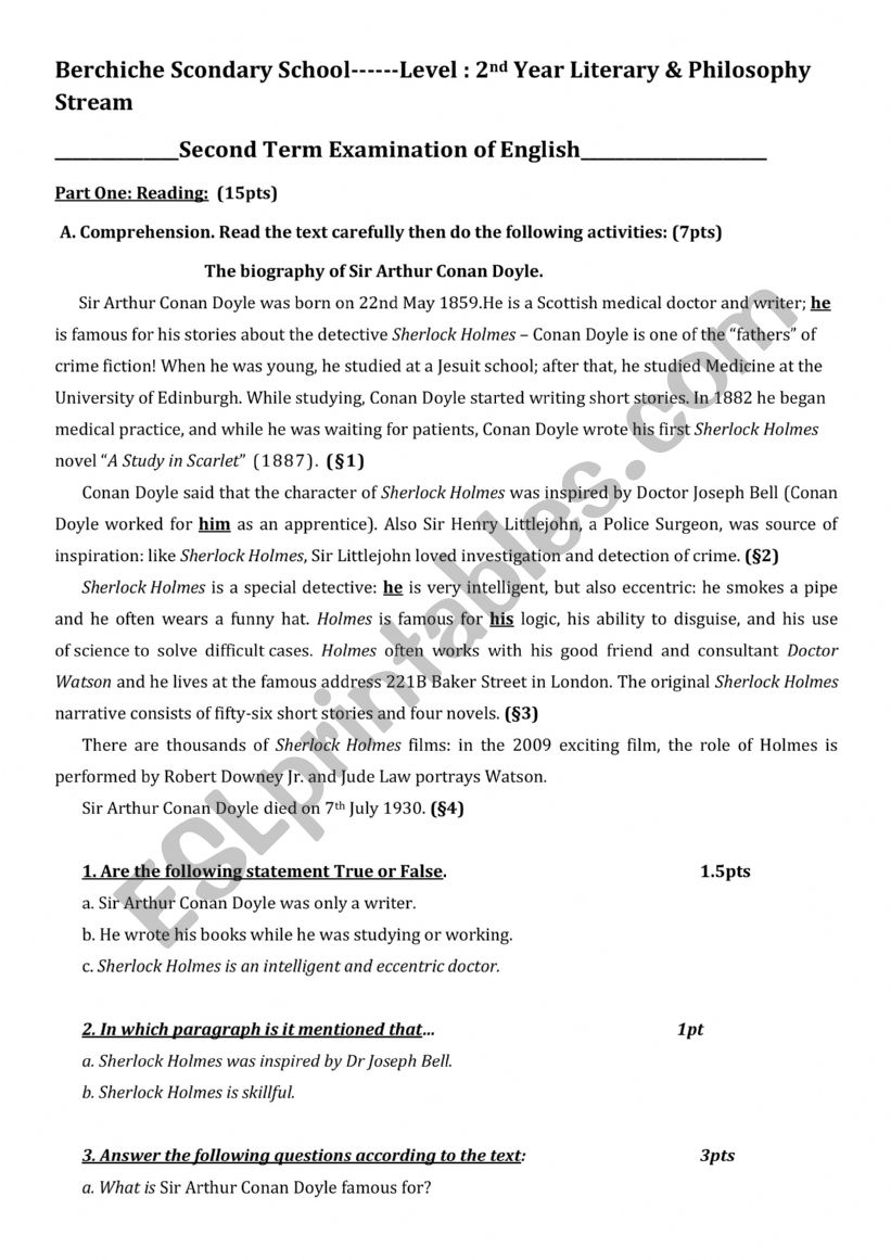 sir arthur conan doyle biography worksheet