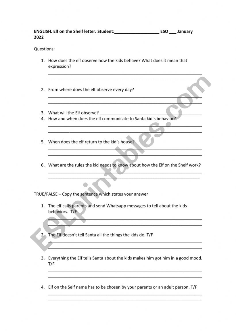 Elf on the shelf questions worksheet