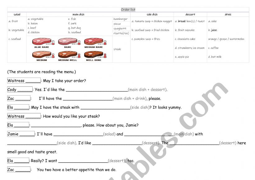 Order list worksheet