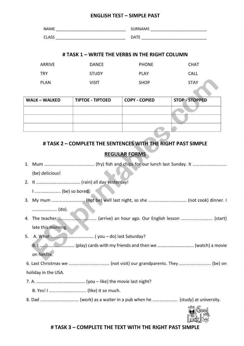 SIMPLE PAST REVISION TEST worksheet