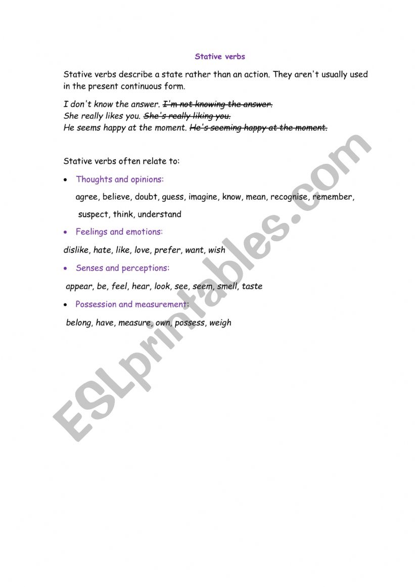 Stative verbs worksheet