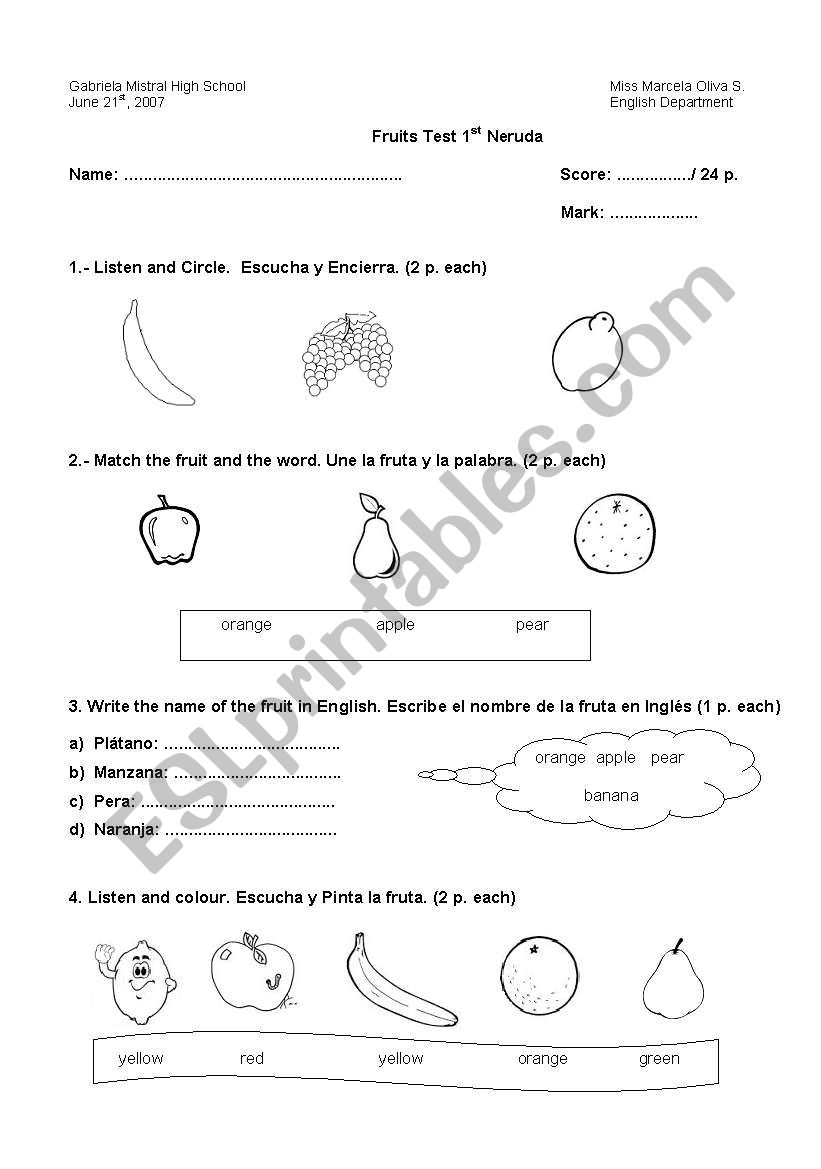 test  fruit worksheet