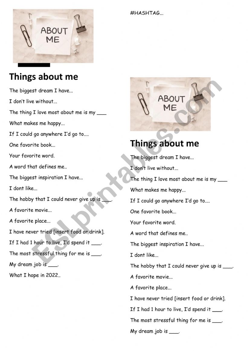 Things about me worksheet