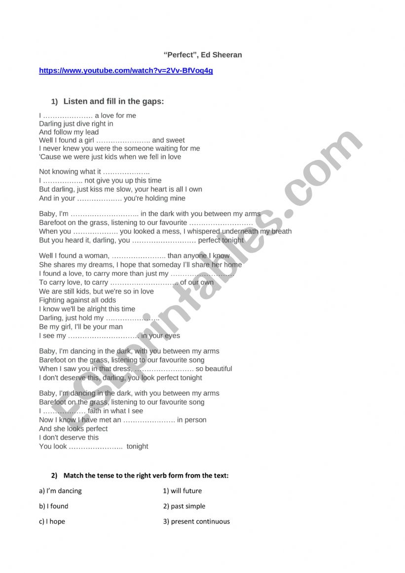 perfect - Ed Sheeran worksheet