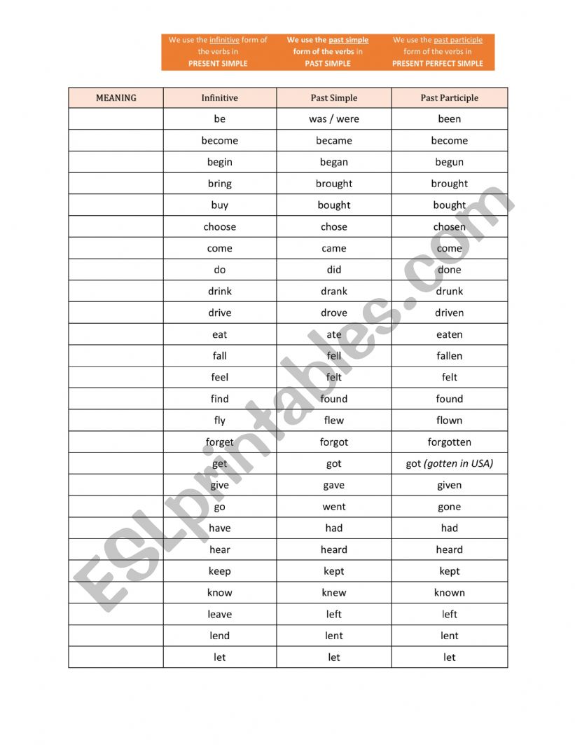 Irregular verbs  worksheet