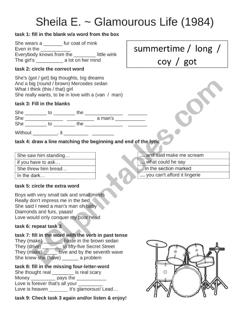 Sheila E. Glamourous Life worksheet