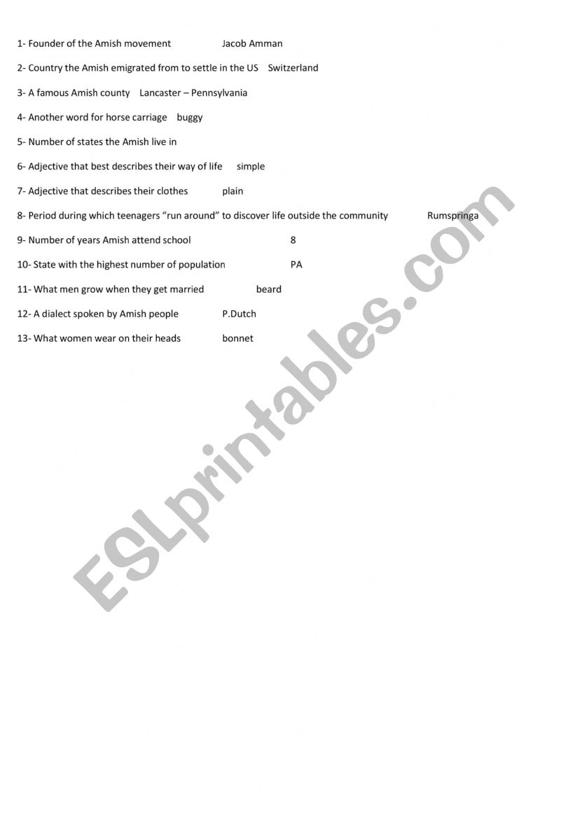 Amish webquest- answers worksheet