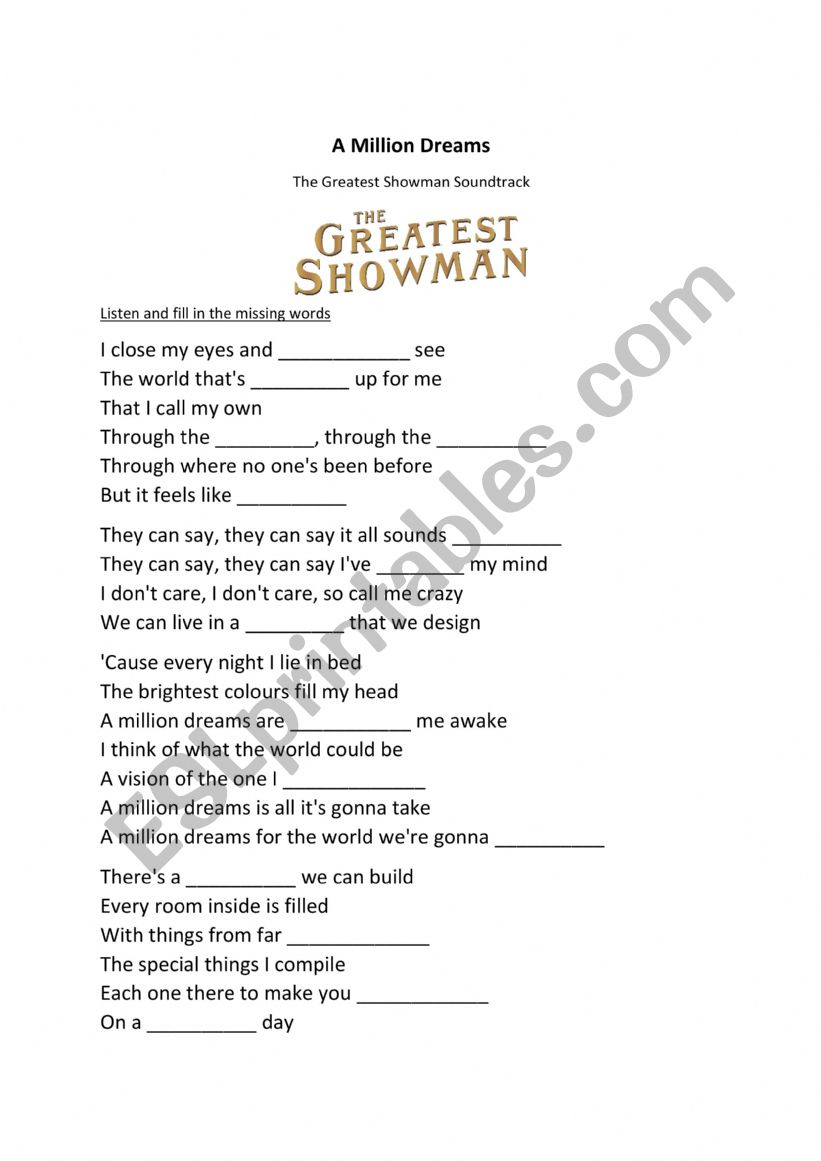 A million dreams worksheet