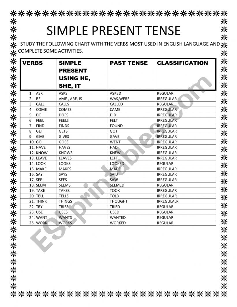 VERBS worksheet