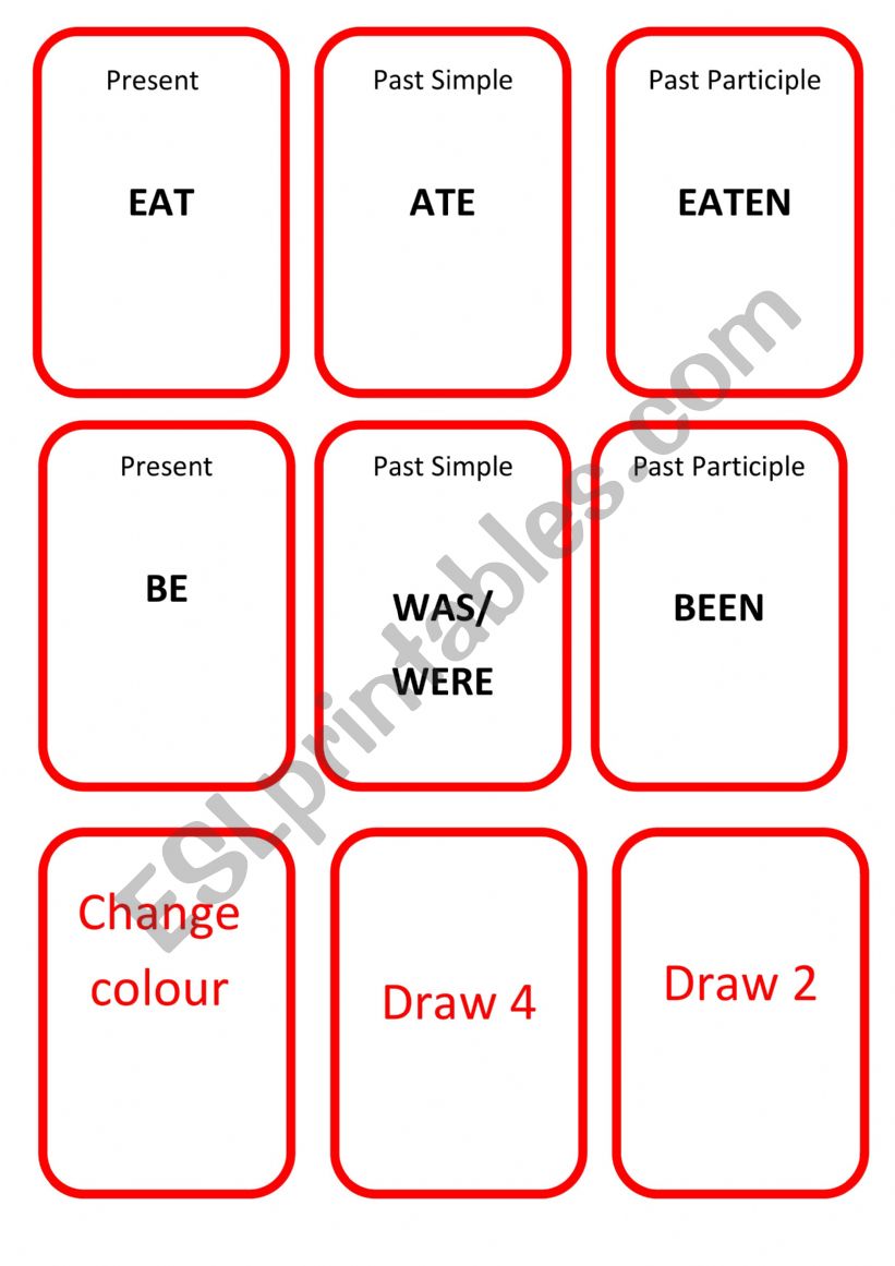 Uno game irregular verbs worksheet