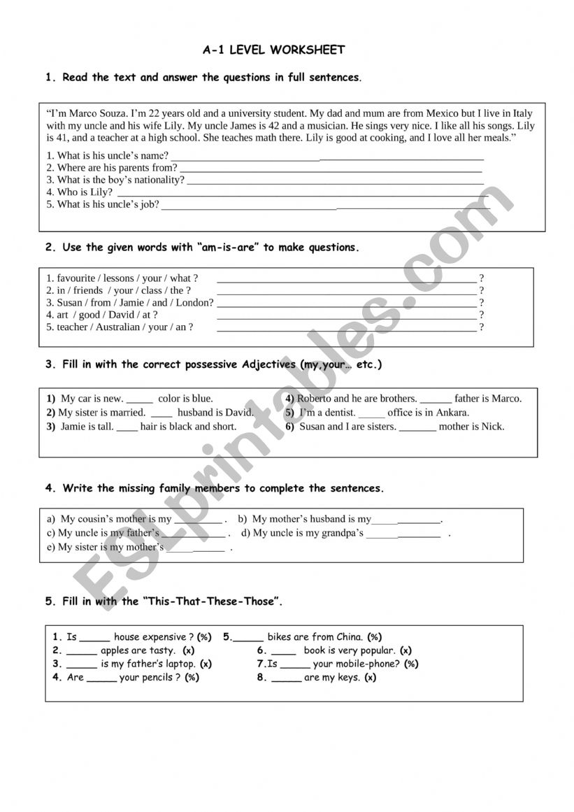 A-1 Level, Worksheet worksheet