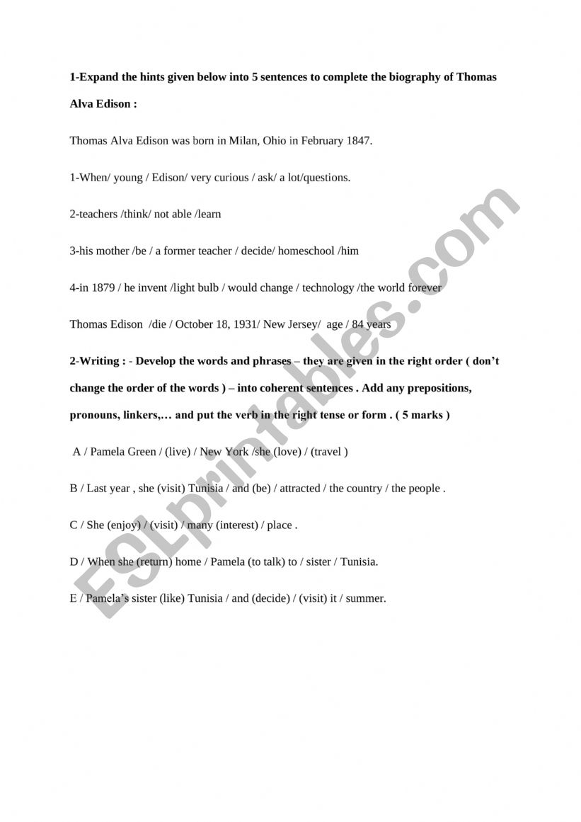 guided writing , biography worksheet