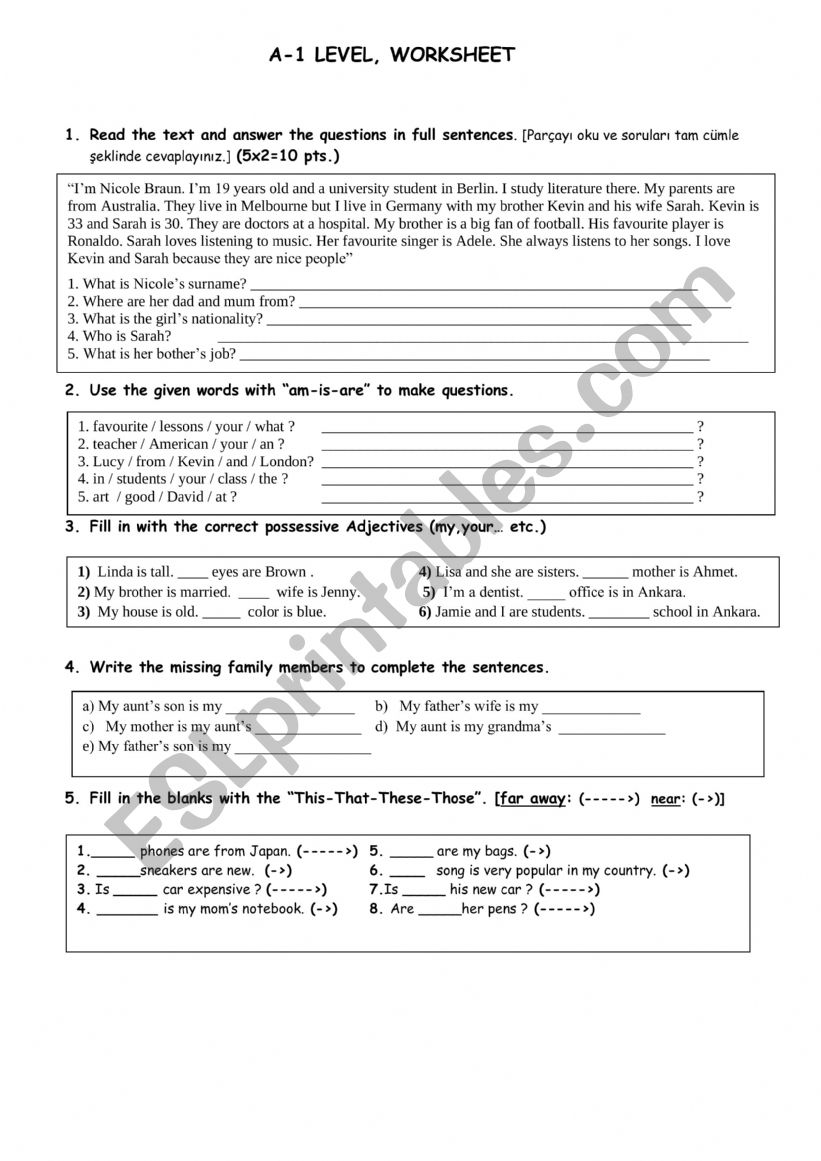 A-1 Level, Worksheet worksheet