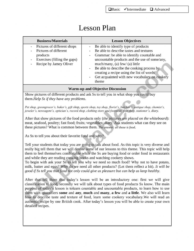 Food and Cooking Lesson Plan worksheet