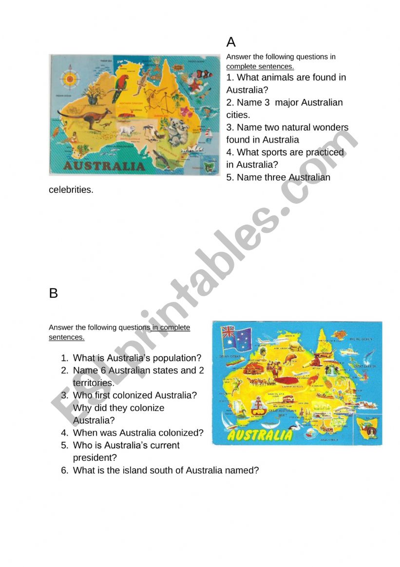 Australian Facts worksheet