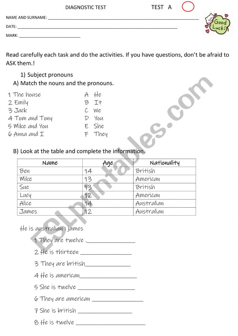 PRELIMINARY DIAGNOSTIC TEST worksheet