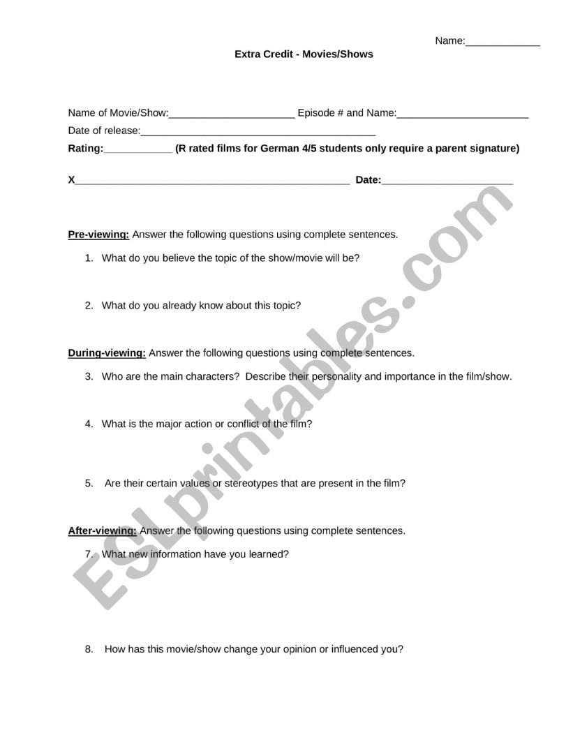 Movie/TV Review-Extra Credit worksheet