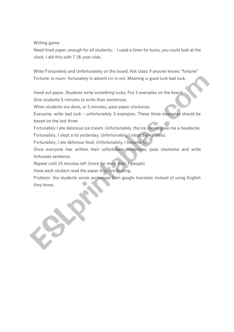 Writing Game instructions worksheet