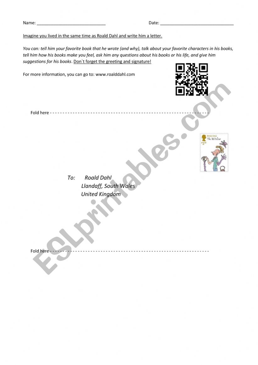 Letter to Roald Dahl worksheet