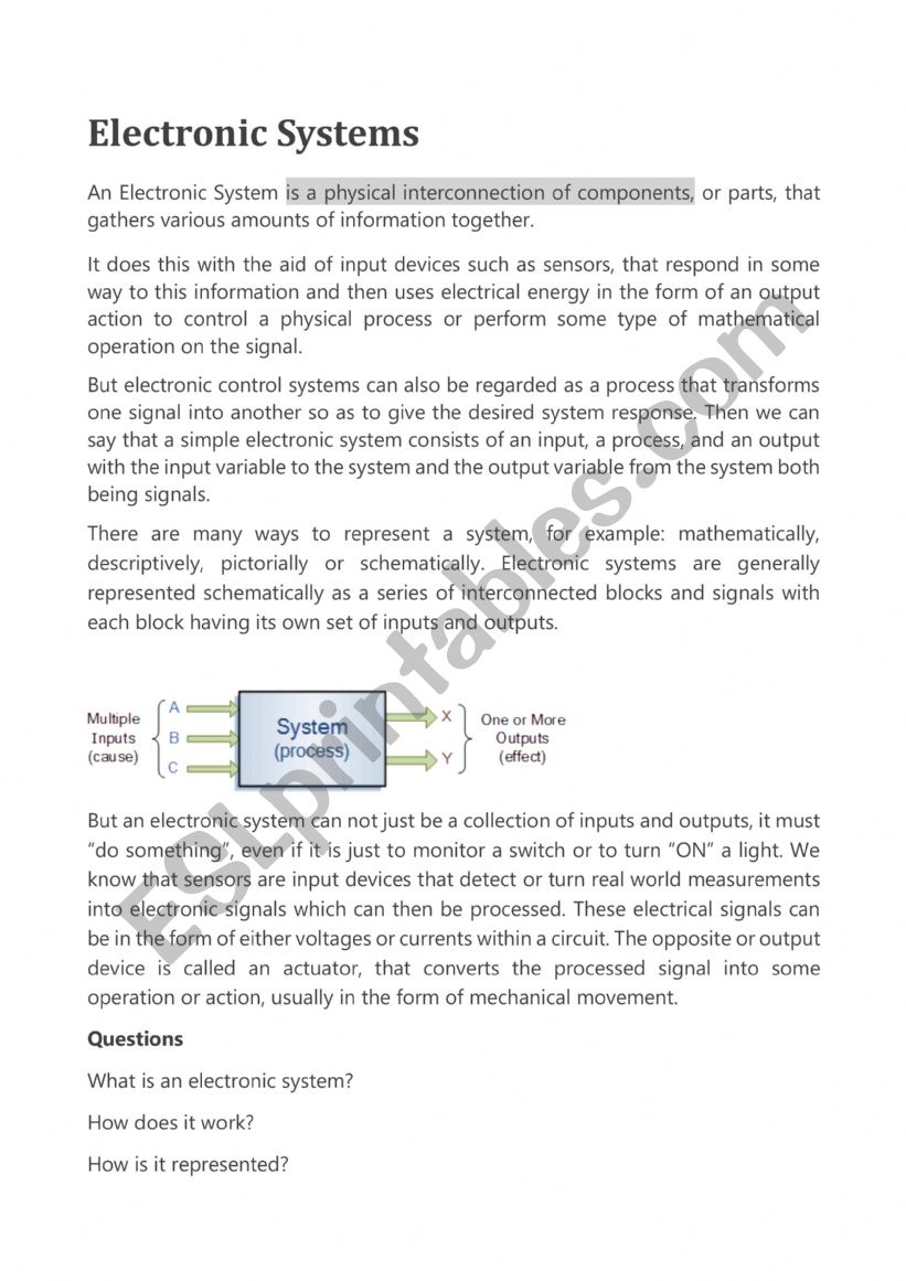 Electronic systems worksheet
