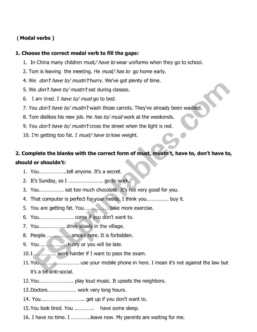 modals worksheet