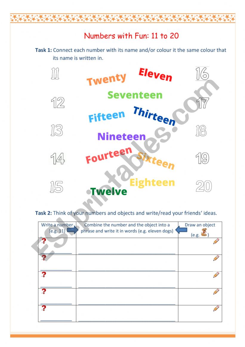 Numbers with Fun: 11 to 20 worksheet
