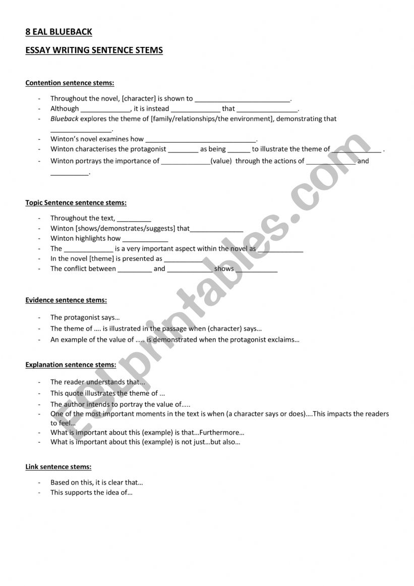 Essay Sentence Stems worksheet