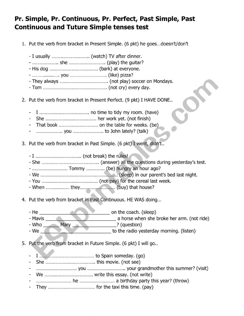 tenses test worksheet