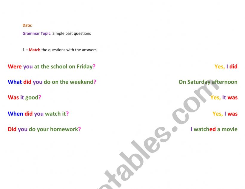 Simple past - questions worksheet