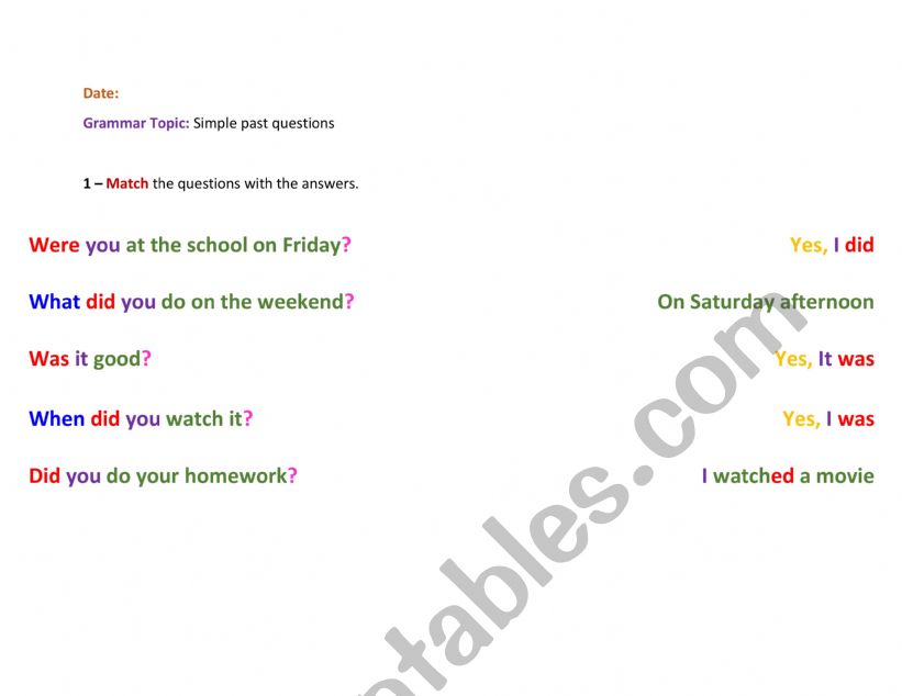 Simple past - questions worksheet