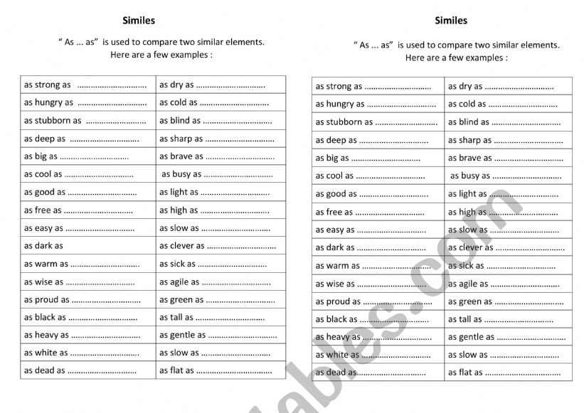 Similes part 3 worksheet