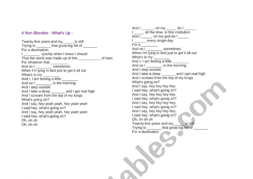 4 non blondes whats up worksheet