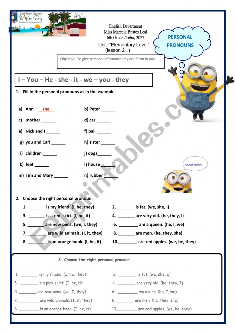 Personal pronoun worksheet