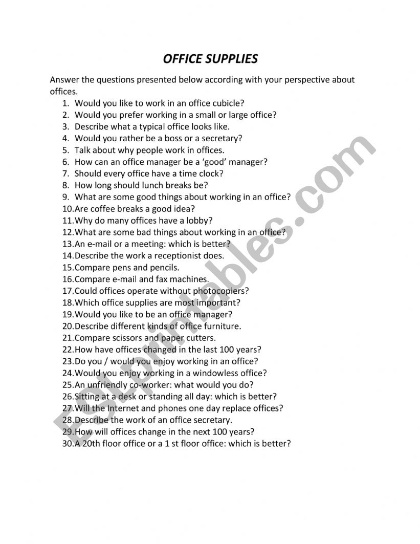 office supplies worksheet