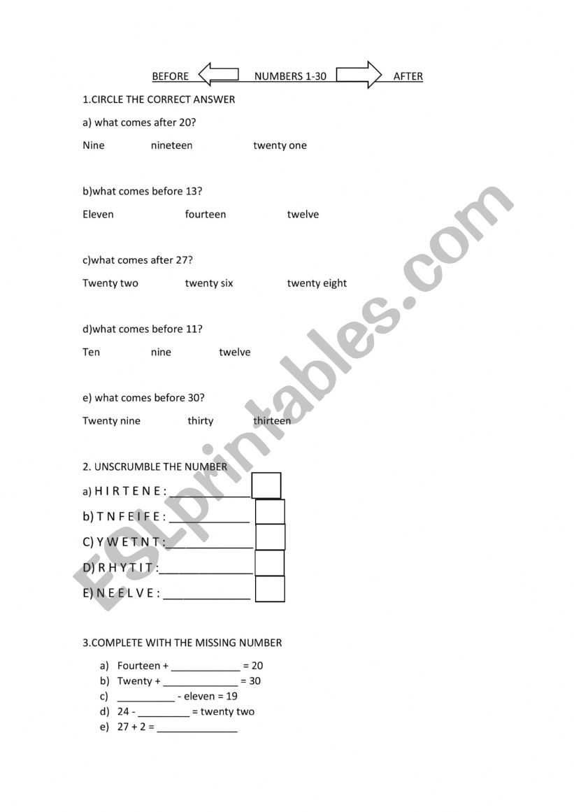 Numbers from 1 to 30 worksheet