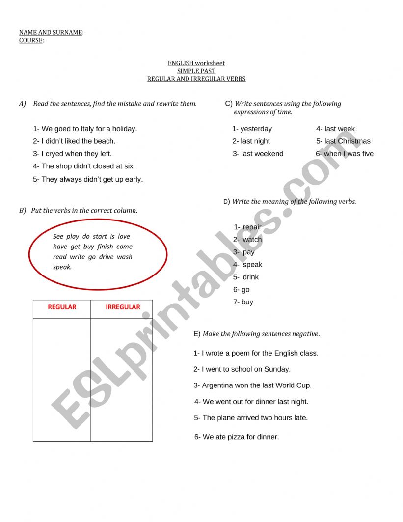 PAST SIMPLE REGULAR AND IRREGULAR VERBS