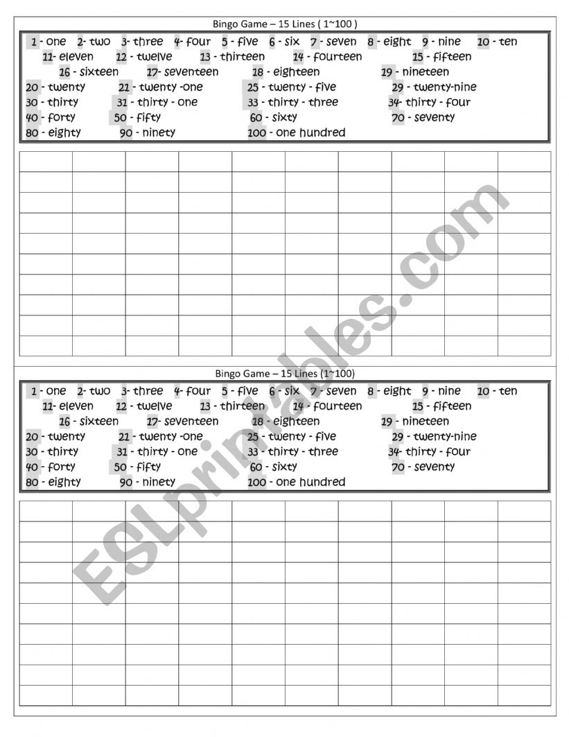 Bingo Game (Numbers 1~ 100) worksheet