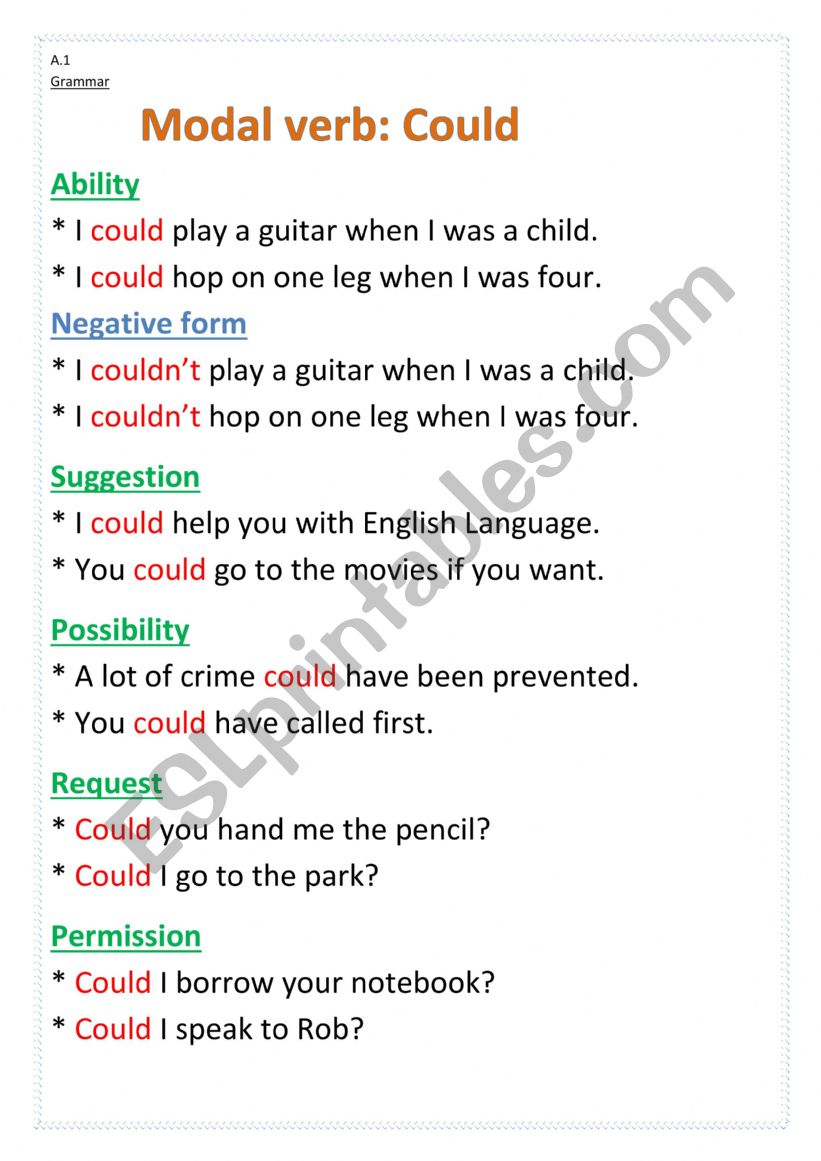 Modal-Could/Couldn�t worksheet