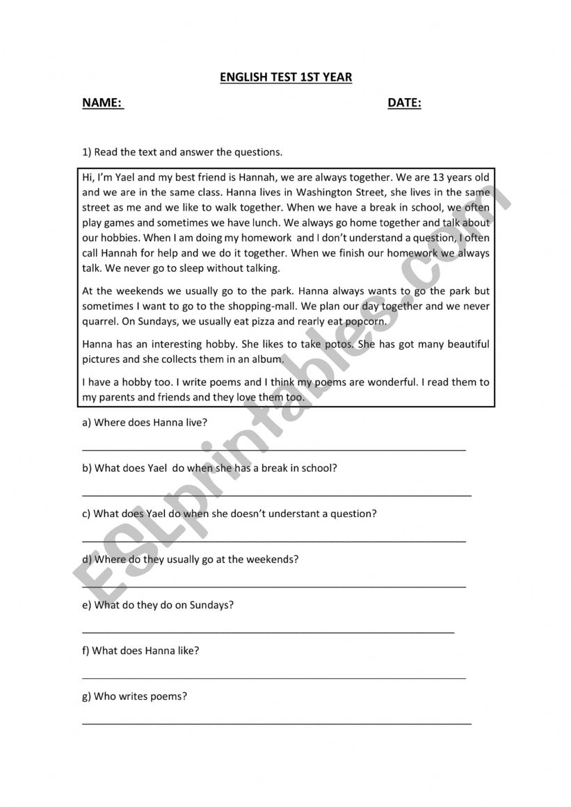 English test present simple worksheet