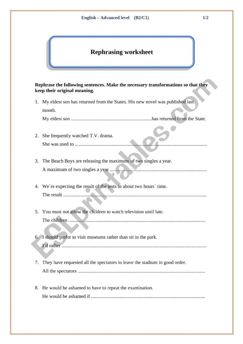 Rephrasing worksheet