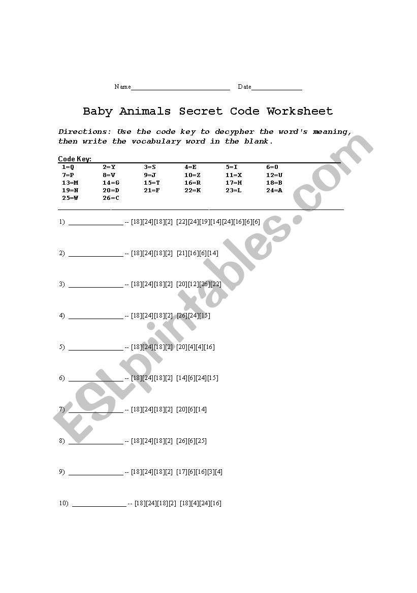 Baby Animals Secret Code Worksheet
