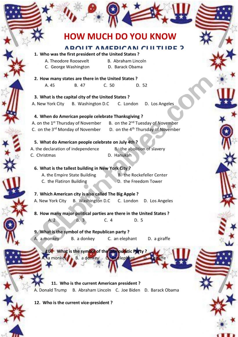 US Culture Quiz worksheet