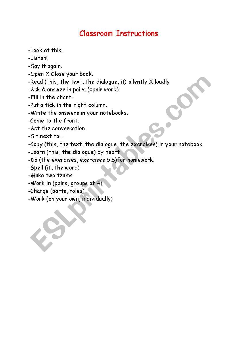 classroom instructions worksheet